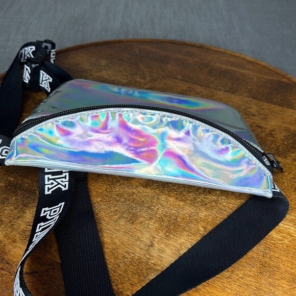 PINK Belt Bag Shiny Silver Iridescent Fanny Pack Adjustable Victoria's Secret - Picture 3 of 7